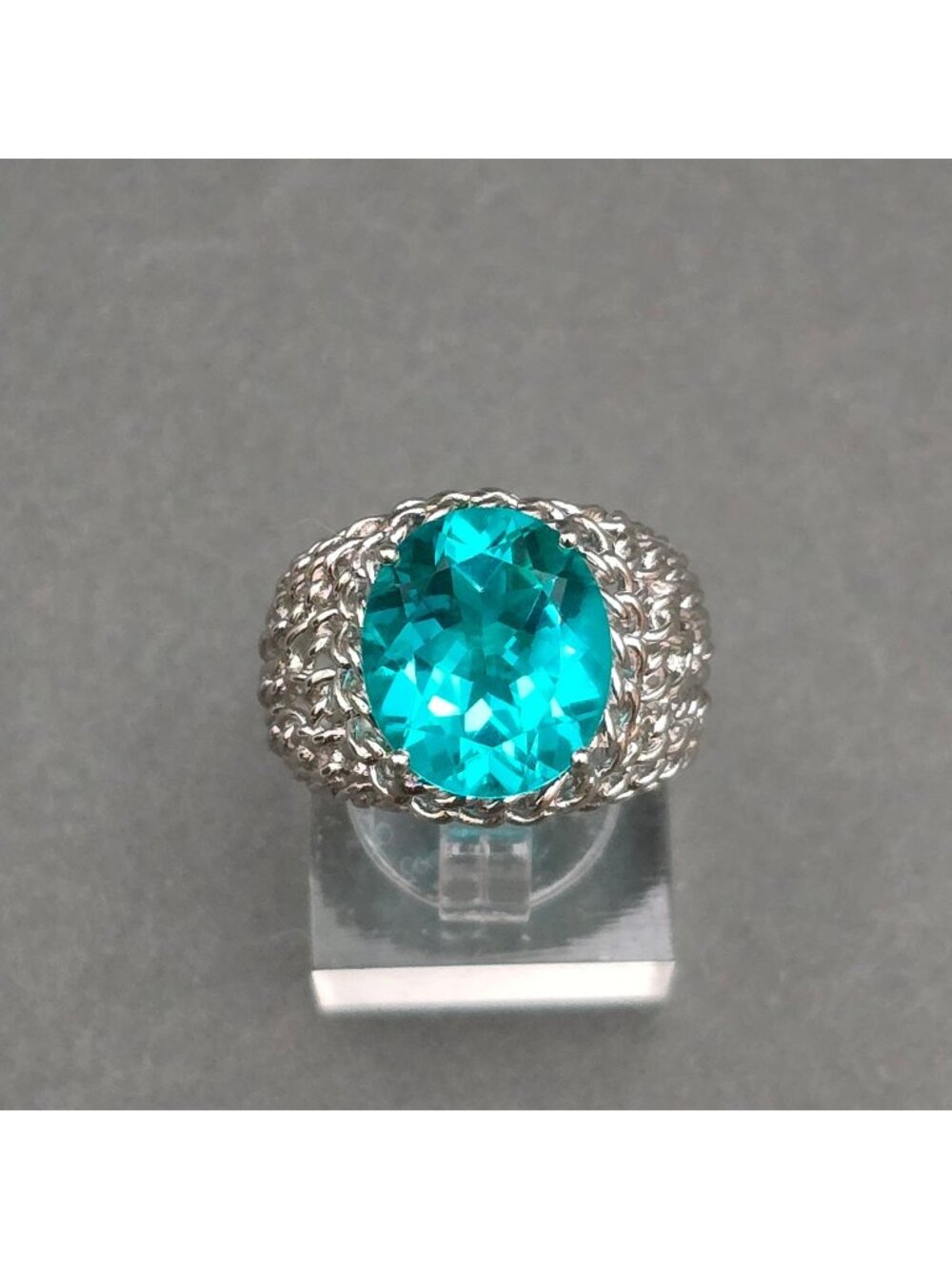 Sterling Silver Paraiba Tourmaline Simulant Woven Mesh Ring Size 5.75